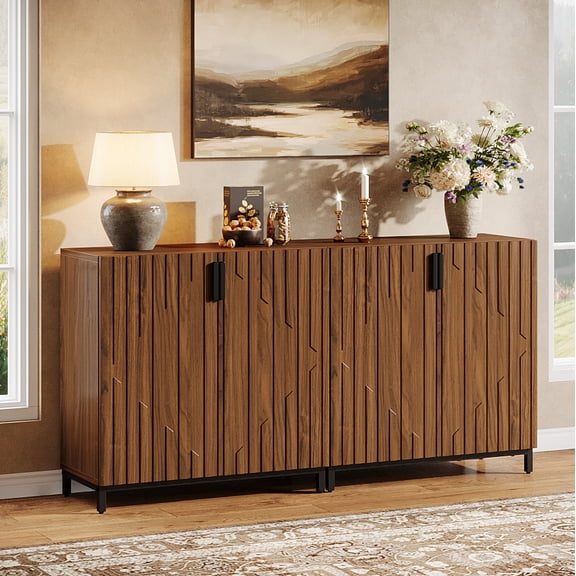 Tribesigns Set of 2 Sideboard Buffet with Storage, 59" Modern Fluted Storage Cabinet with Adjustable Shelves for Dining Room, Kitchen, Walnut