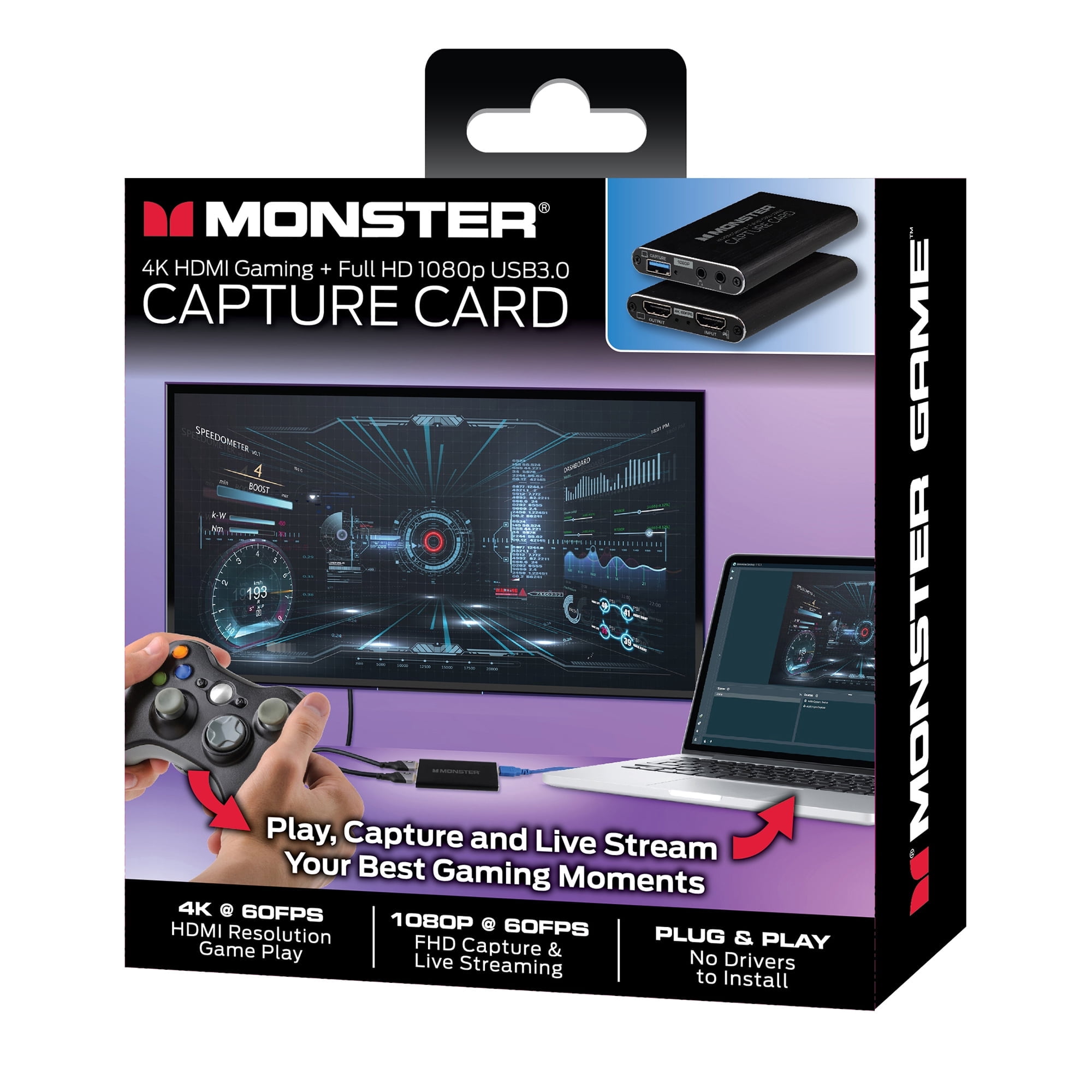 Monster HDMI Capture Card, 4K Full HD 1080P USB 3.0 Audio and Video Device, Black
