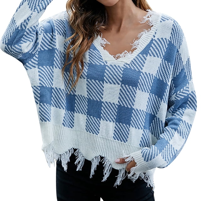 Gibobby Suéter Para Invierno Mujer Suéter suelto de punto con flecos y cuello en V a de otoño/invierno para mujer(Azul,M)