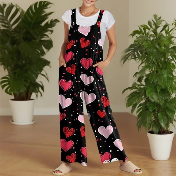 Valentine's Day Party Overalls for Womens Sleeveless Casual Love Heart Graphic Jumpsuits Valentine Casual Rompers with Pockets 2026
