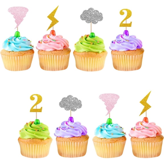 12pcs Twonado Cupcake Toppers, Tornado 2nd Birthday Cupcake Toppers, Pink Glitter Lightning Cupcake Picks for Girls, Weather Themed 2nd Anniversary Party Supplies