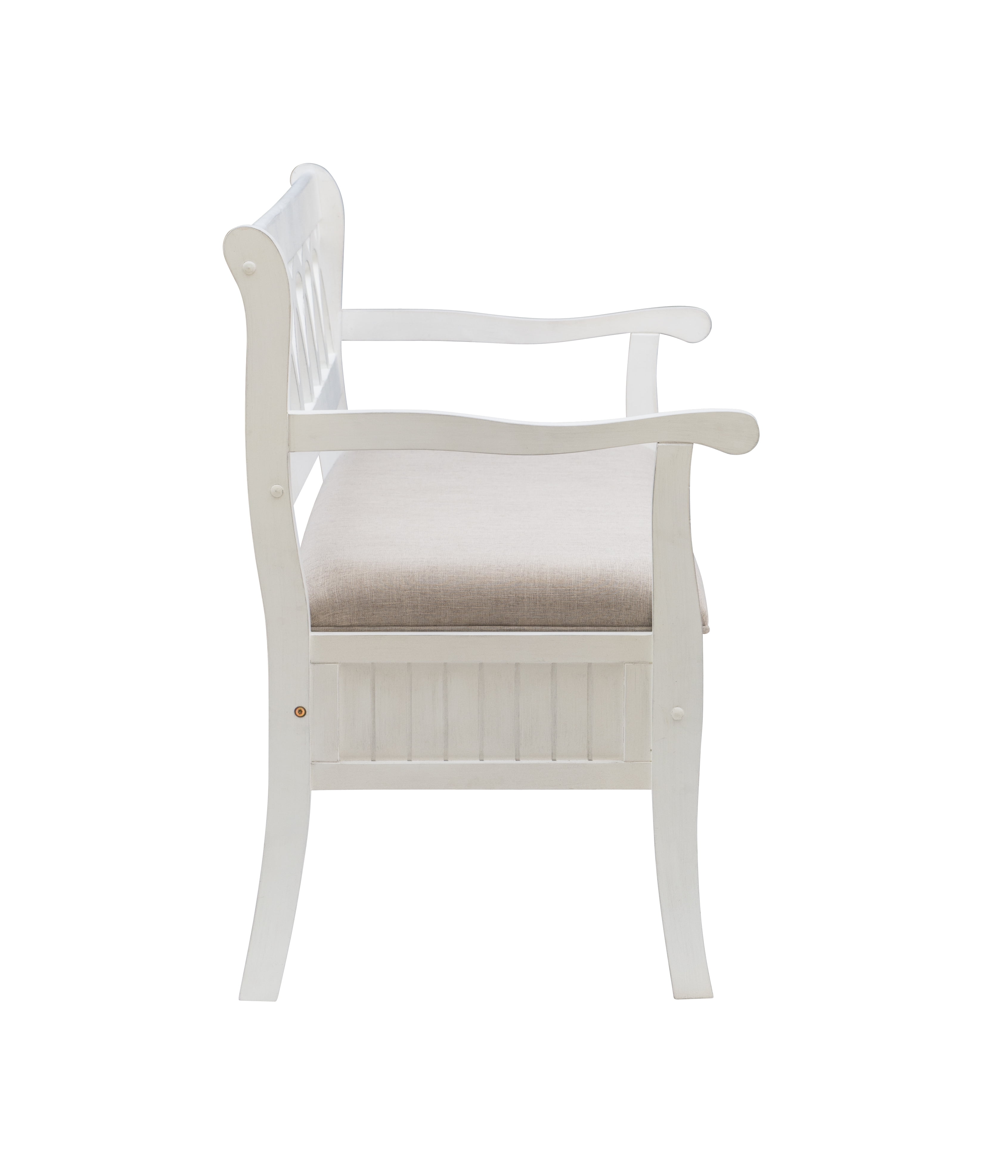 Linon Elliana Storage Bench Beige Padded Seat Cutout Back Design in White Wood