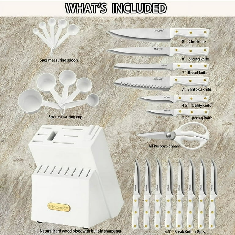 McCook MC703 White Knife Sets of 26, Stainless Steel Kitchen Knives Block Set with Built-in Knife Sharpener,Measuring Cups and Spoons, Size: 4.5