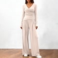 thumbnail image 2 of NMMUED 2 Piece Outfits for Women Long Sleeve Wrap V Neck Top Pleated Wide Leg Pants Set Casual Elegant Lounge Matching Suits Beige L, 2 of 9