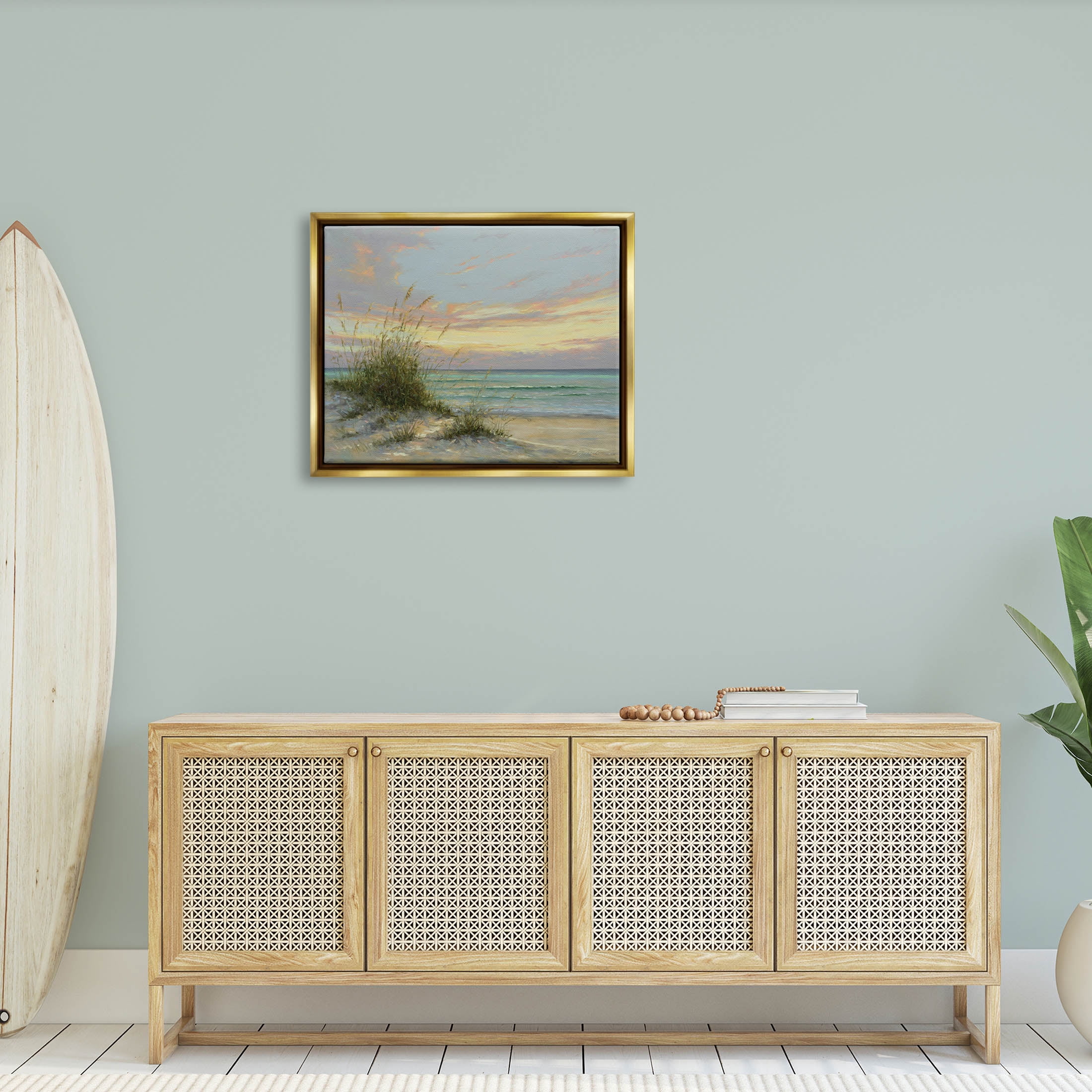 Beach Grass Vivid Sunset Coastal Painting Metallic Gold Framed Art Print Wall Art