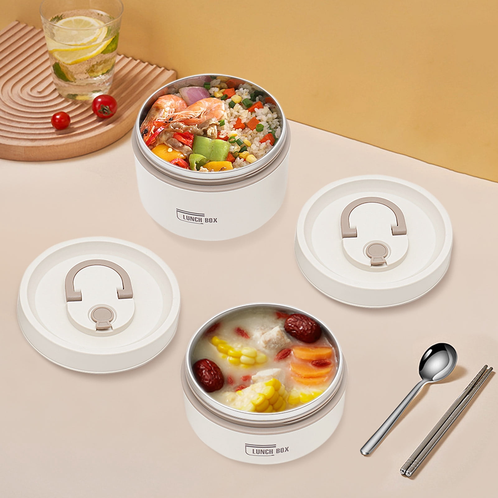 Off-white 304 Stainless Steel PP 13.5x18cm Double Insulation Lunch Box Leak-proof Portable Lunch Box