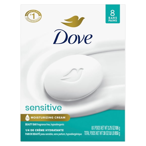Dove Beauty Bar More Moisturizing Than Bar Soap for Softer Skin, Fragrance Free, Hypoallergenic Sensitive Skin With Gentle Cleanser 3.75 oz, 8 Bars
