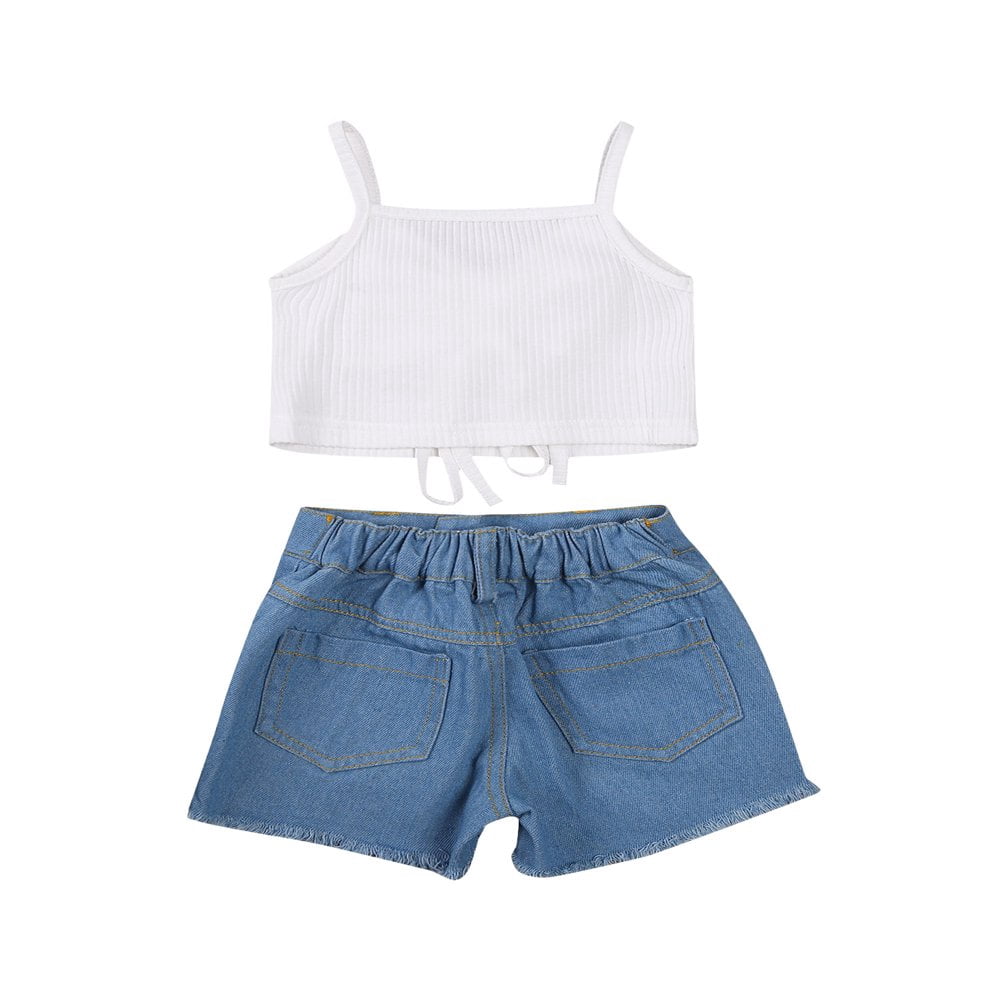 PENGXIANG Girl Short Sleeve Tops Denim Shorts Floral Lace Up
