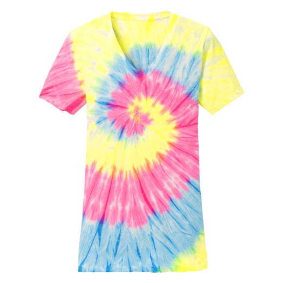 Gravity Threads Womens Tie-Dye V-Neck Shirt - Neon Rainbow - Small