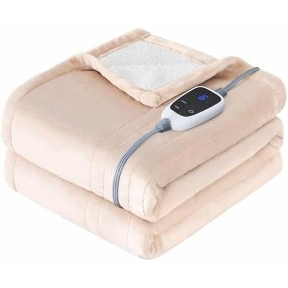 Heated Blanket Electric Throw, Flannel & Sherpa Heating Throw with 6 Heat Settings & 2-10 Hours Auto Shut Off, Fast Heating & ETL Certification, 50x60 Inch, Beige