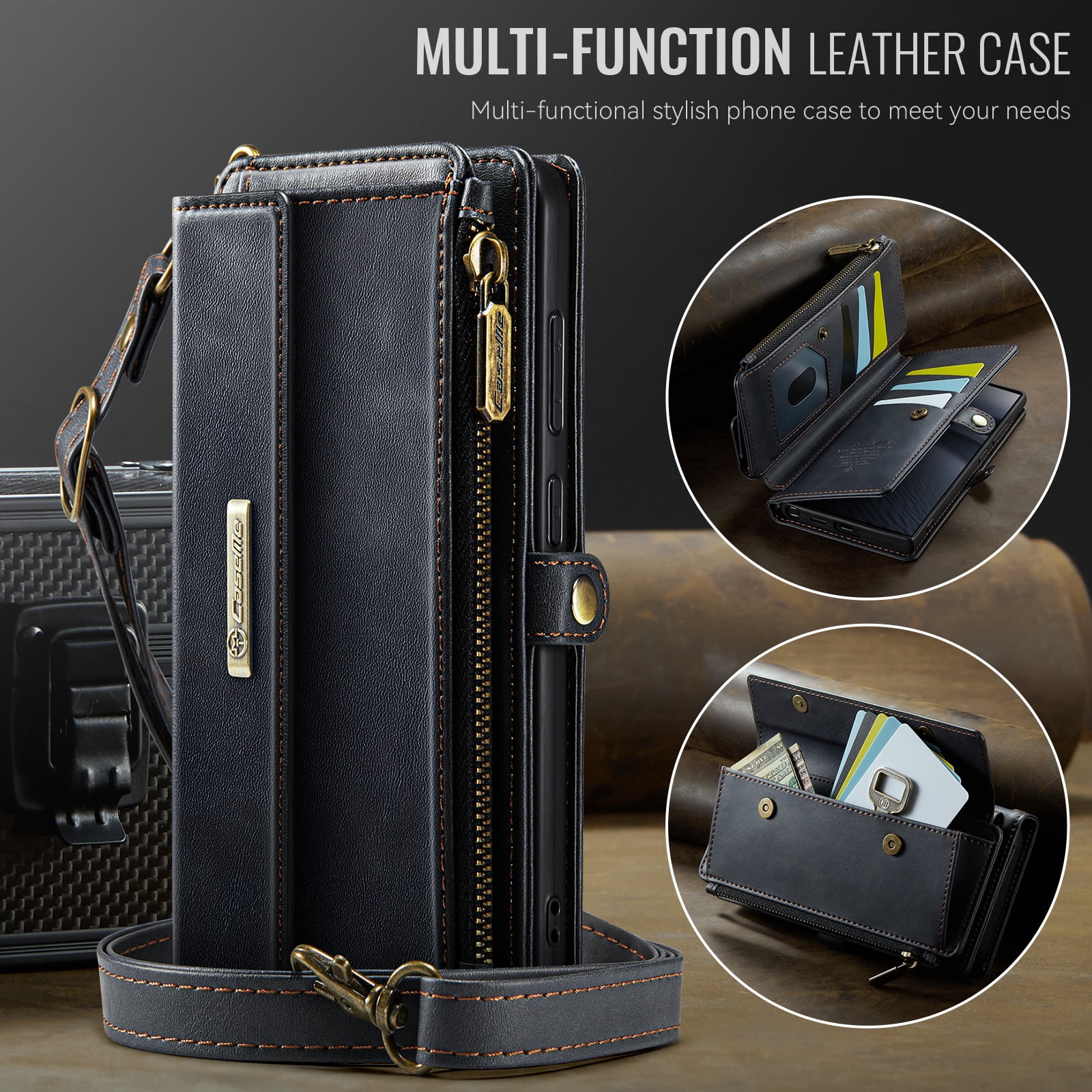For Samsung Galaxy S25 Ultra Wallet Case, RFID Blocking PU Leather Case Women Men Kickstand flip Cover Wrist Strap Zipper Credit Card Holder Slot
