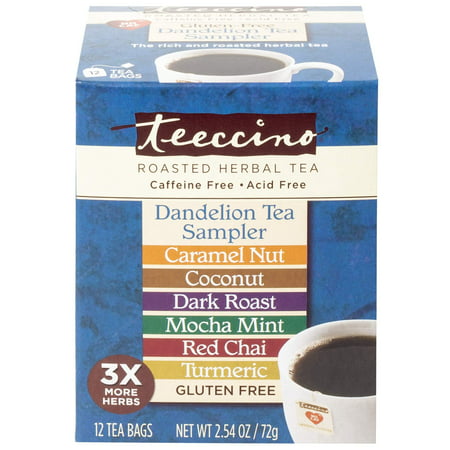 Teeccino Dandelion Roasted Herbal Tea Sampler Pack (Caramel Nut, Coconut, Dark Roast, Mocha Mint, Red Chai, Turmeric), Caffeine Free, Gluten Free, Acid Free, Coffee Substitute, Prebiotic, 12 Tea