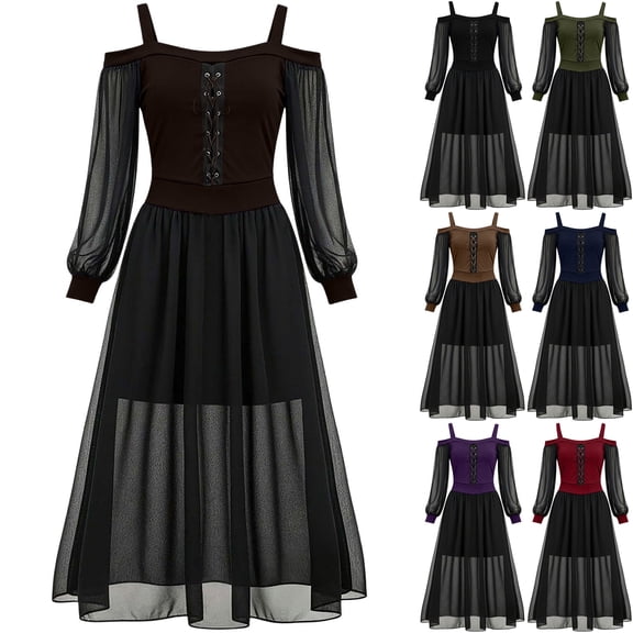 Womens Sheer Mesh Flowy Vampire Dresses Gothic Witch Costume Long Sleeve Cold Shoulder Lace Up Corset Dress for Halloween Cosplay 2026, Brown, XXL