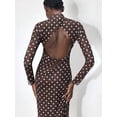 thumbnail image 3 of Brown Polka Dot High-Neck Ruched Long Sleeve Midi Dress, Elegant Fitted Design For Office Or Evening Wear, 3 of 7