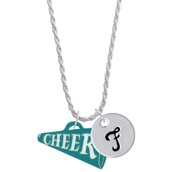 Delight Jewelry Acrylic 1.25" Teal Cheer Megaphone Silvertone Script Initial Disc - F - Charm Necklace, 20"+3"