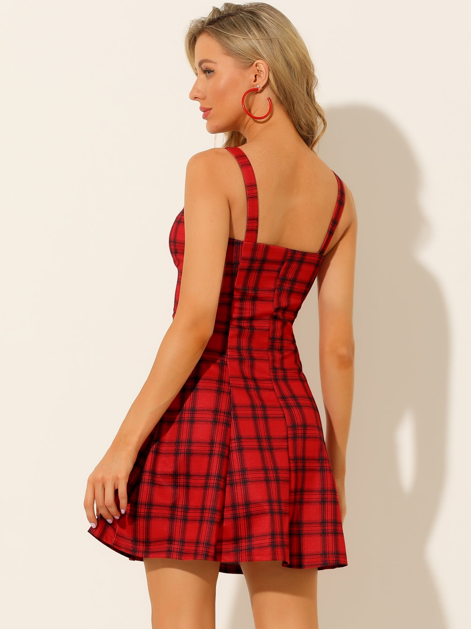 DARING DIVA Plaid Check Strap Zipper Front Sleeveless Dress XS Red