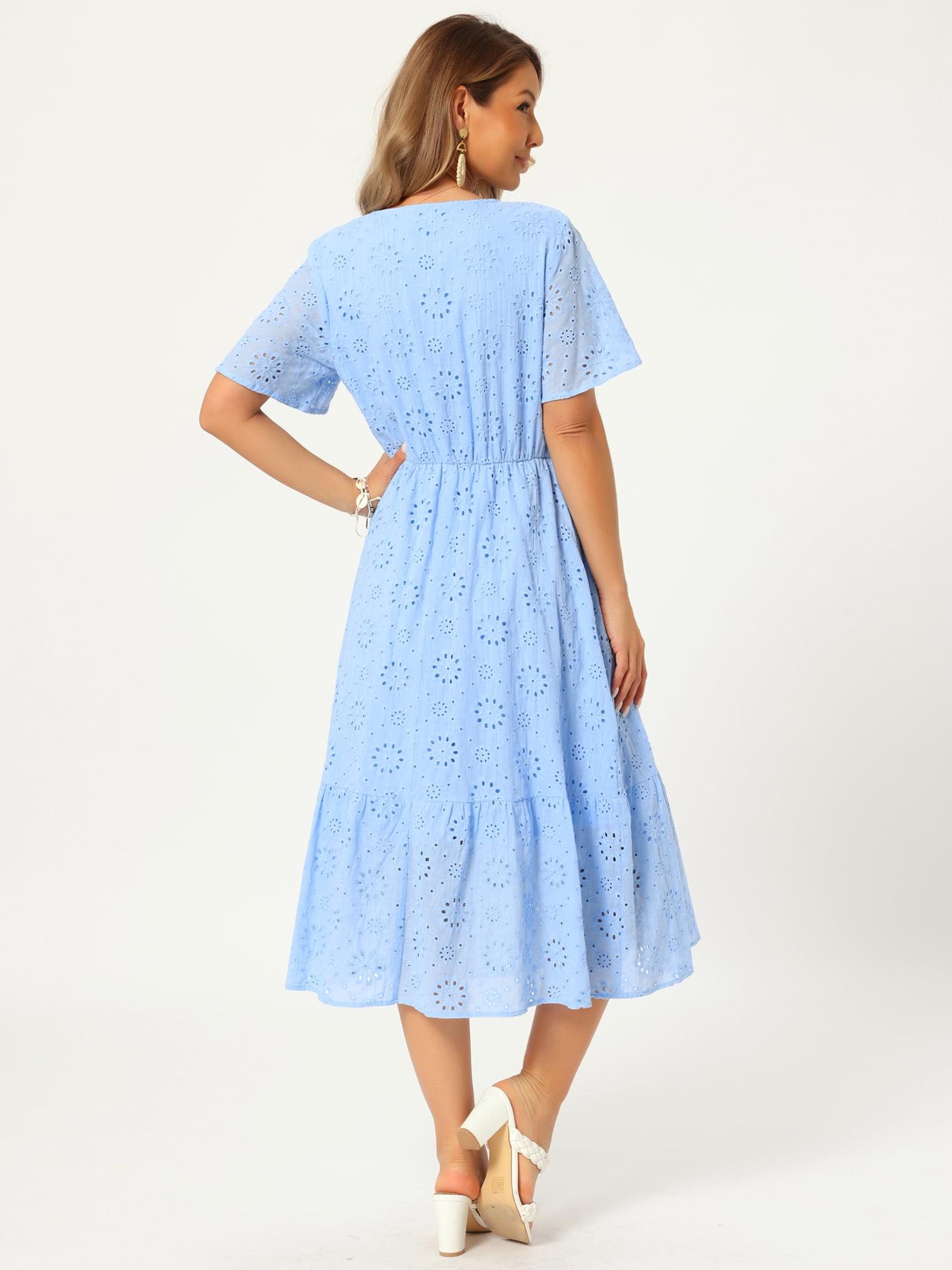 DARING DIVA Women's Eyelet Dress Notched Neck Short Sleeve A Line Midi Dress S Sky Blue