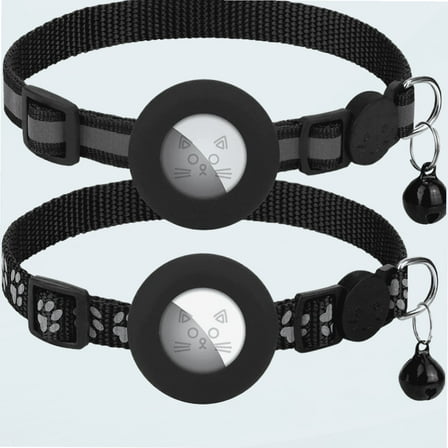 2 Pack Airtag Cat Collars, Reflective Cat Collar with Silicone Airtag Holder and Bell, Breakaway Cat Collars with Round Safety Buckle for Boy and Girl Cats, Adjustable for 7.5-12.5", Black