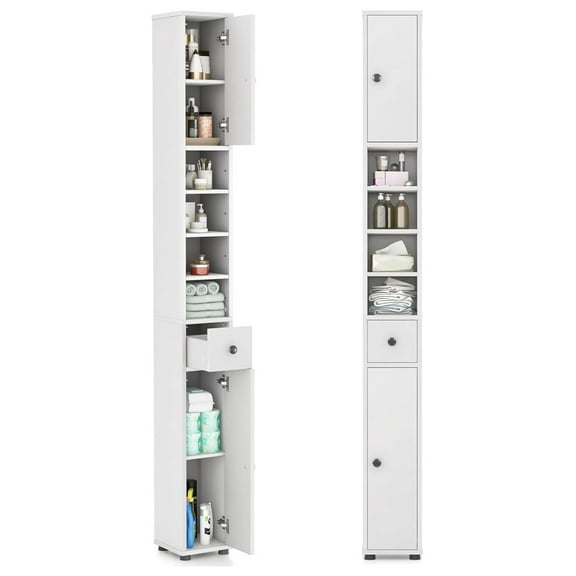 Tall Bathroom Storage Cabinet, 71’’ Slim Linen Tower Organizer with 2 Doors, 5 Adjustable Shelves & 1 Drawer, Narrow Floor Freestanding Bathroom Cabinet for Small Spaces (White)