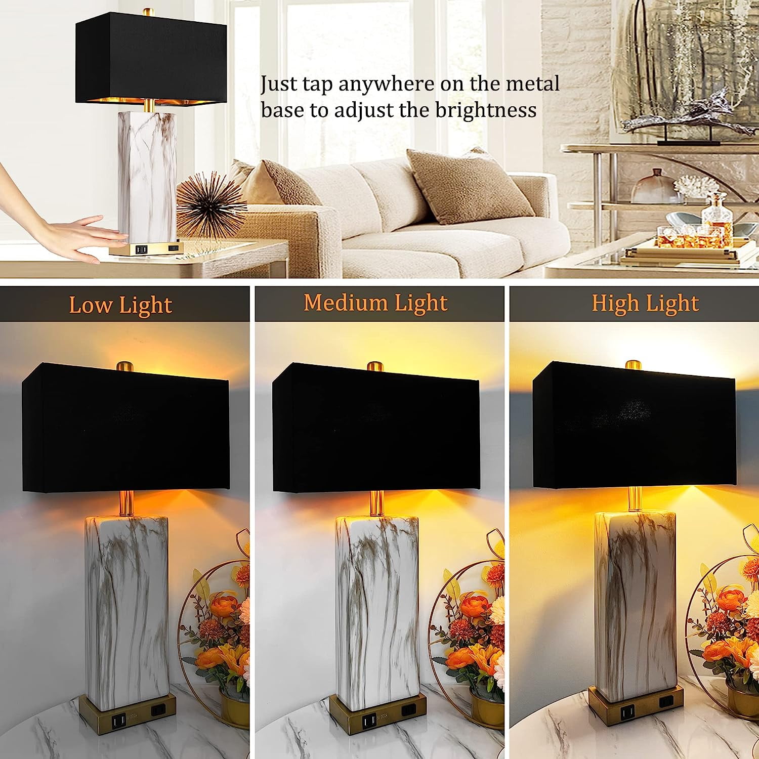 Partphoner Modern Ceramic Touch Control Table Lamp Set of 2 with 2 USB Ports, 3-Way Dimmable