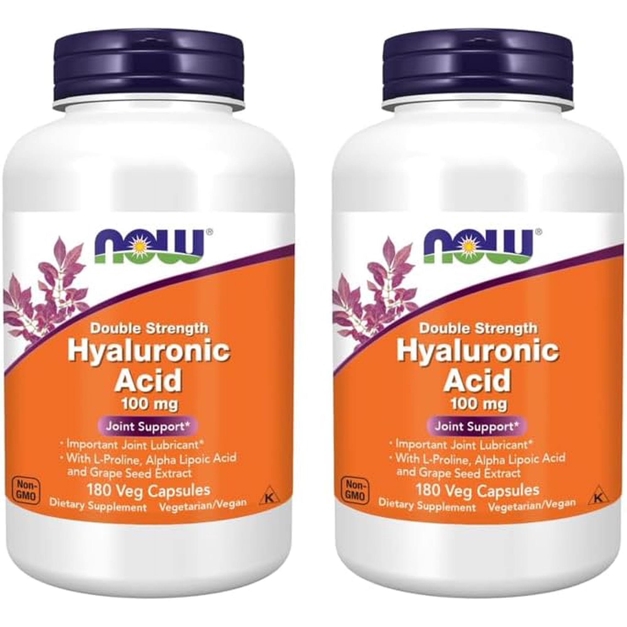 NOW Foods Supplements, Hyaluronic Acid 100 mg, Double Strength with L-Proline, Alpha Lipoic Acid and Grape Seed Extract, 180 Veg Capsules (Pack of 2)