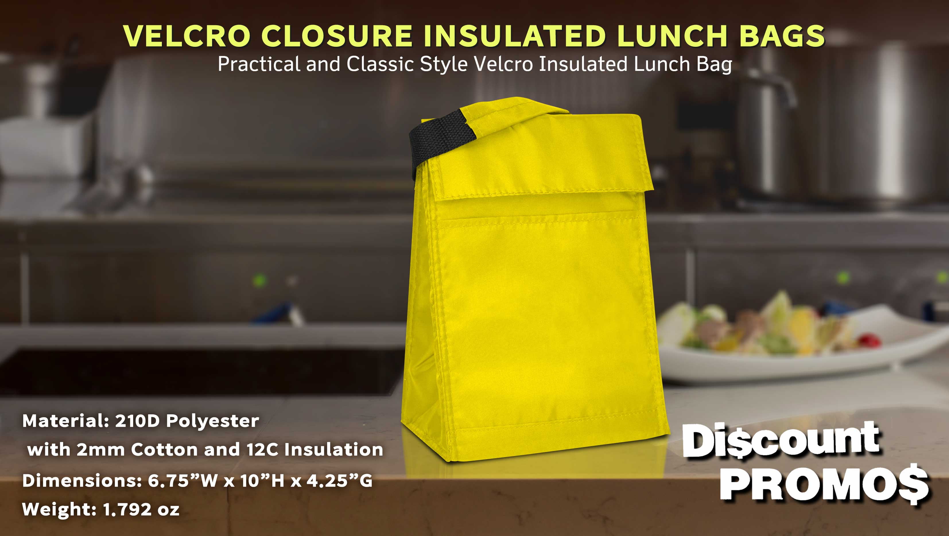 10 Hook and Loop Insulated Lunch Bags Set - Polyester, Durable, Vibrant, Reusable - Yellow