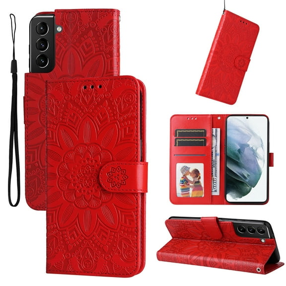 for Samsung Galaxy S21 Plus Case,Premium PU Leather Wallet Case Sunflower Embossed with Wrist Strap Card Slots and Kickstand Flip Cover for Samsung Galaxy S21 Plus 6.7 inch,Red
