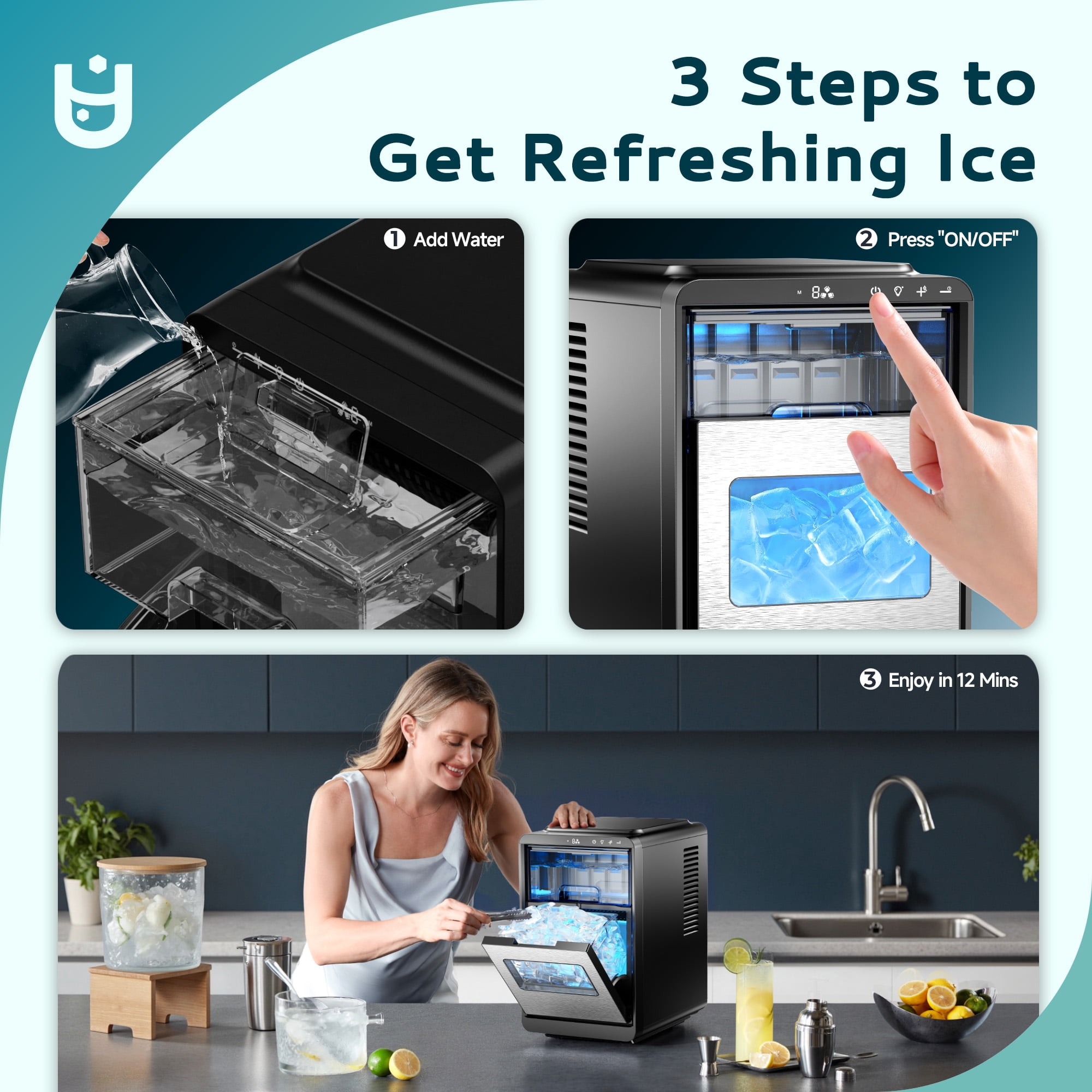 EUHOMY 30lbs Crescent Ice Maker, 1500 Cubes/Day, Ice Machine with Auto Cleaning, Dual-Side Tech, Timer, Black