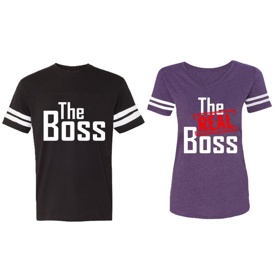 The Boss The Real Boss Matching Couple Cotton Jerseys (Men Black / Women Purple) (Men S / Women XXL)