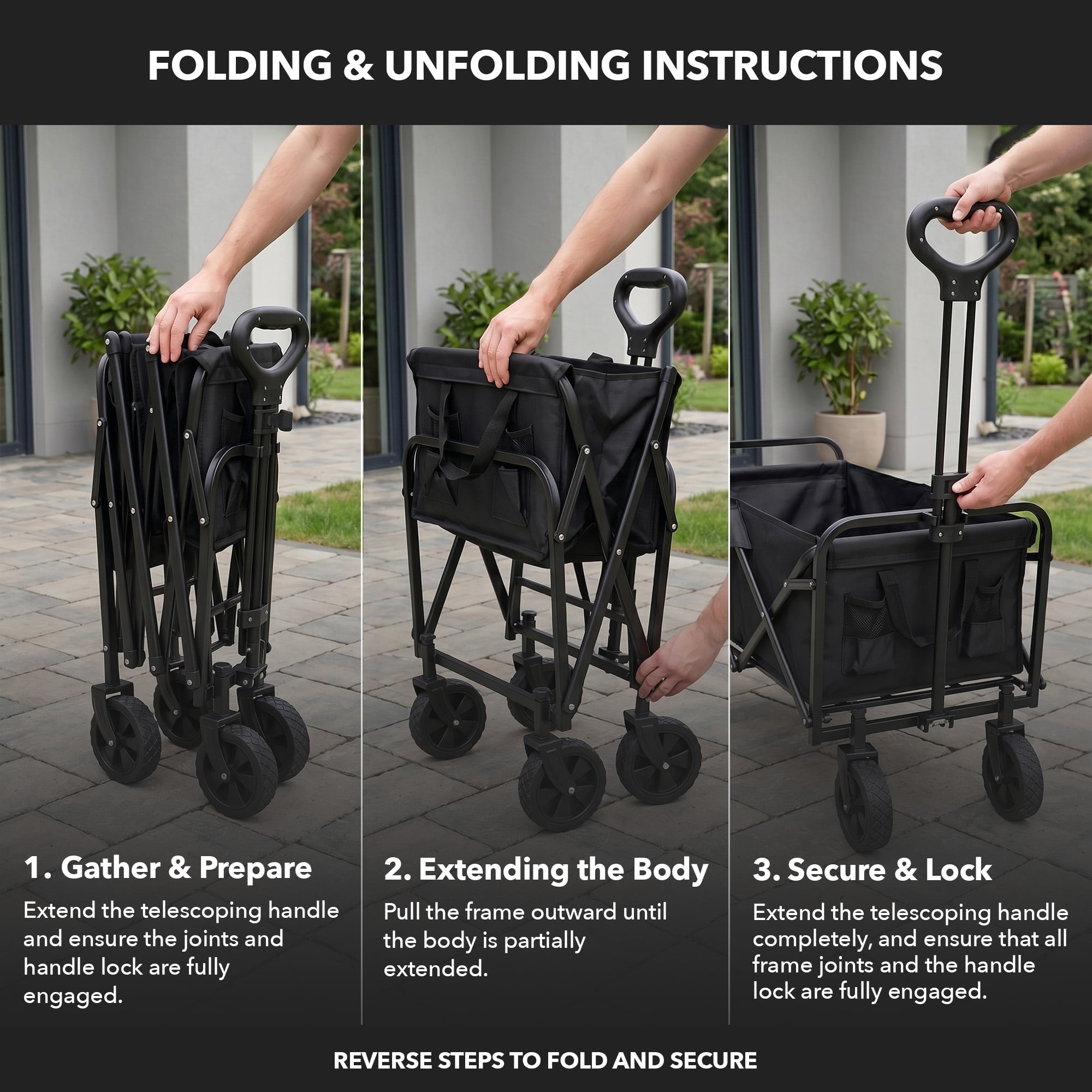 OVENTE Collapsible Foldable Wagon, 220lbs Weight Capacity, Black WFU011B | Heavy-Duty Fabric and Metal Frame, Portable Folding Utility Cart for Grocery Shopping, Outdoor Sports, Beach and Camping