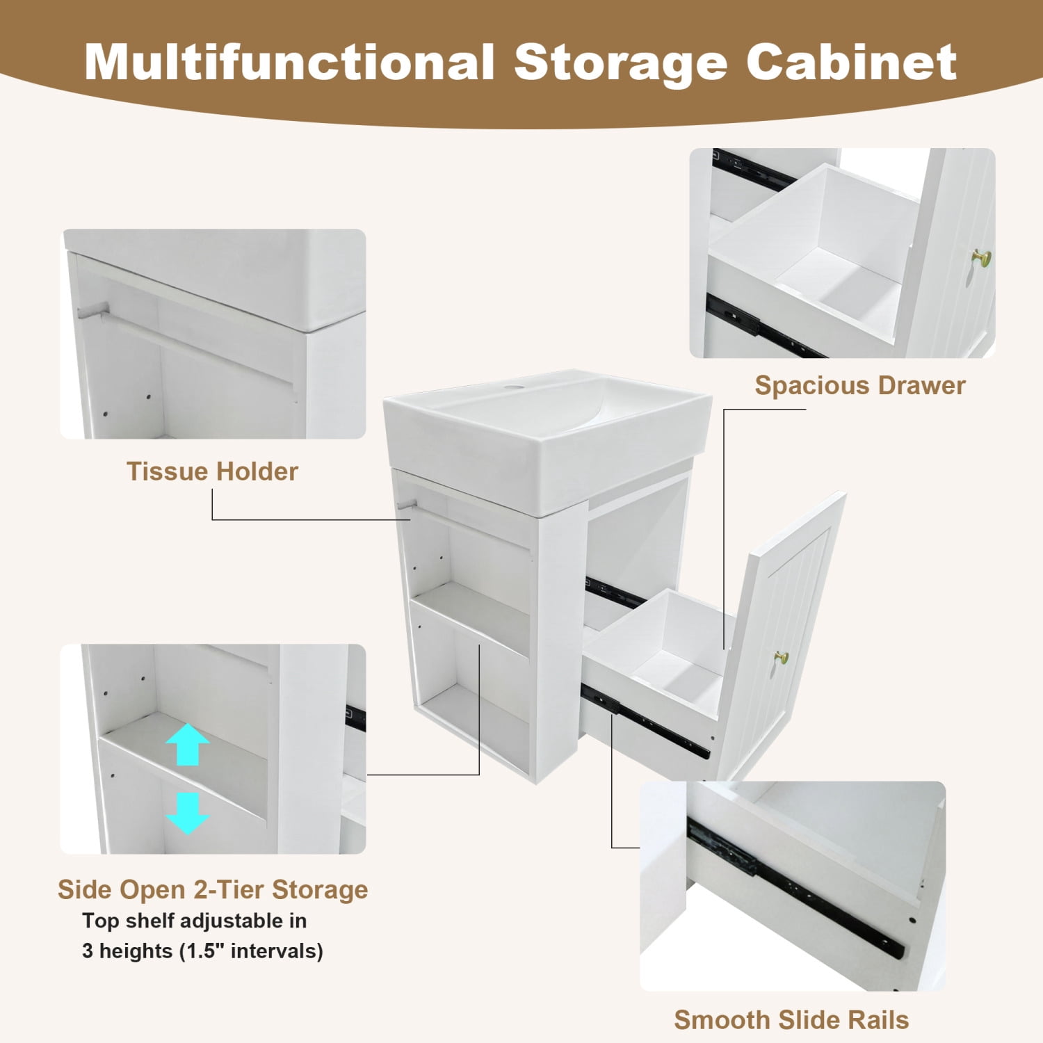 20" Bathroom Vanity with Ceramic Sink, Freestanding Bathroom Vanity with  Drawer and Side Open Shelf,  Bathroom Cabinet for Small Bathrooms, White