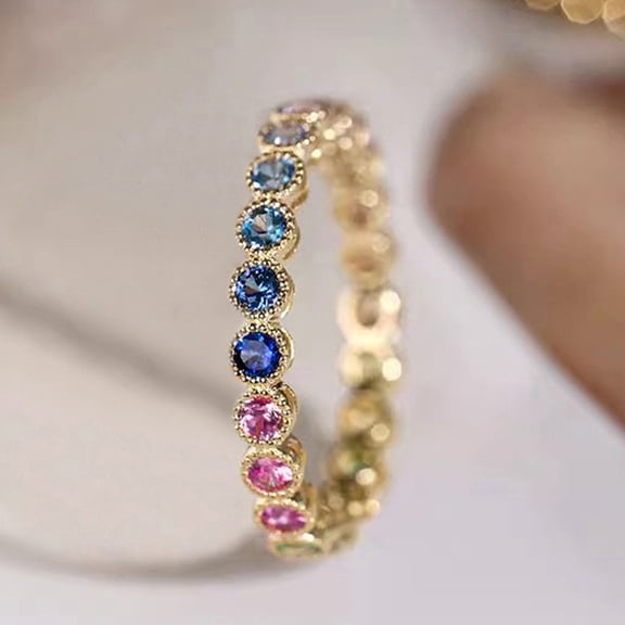 Faty-T 14K Gold Silver Plated Ring Rainbow CZ Band Rings Eternity Thumb Rings Band Wedding Rings Round Cubic Zirconia CZ Rings Dainty Colorful Rings Simulated Diamond Eternity Bands for Women