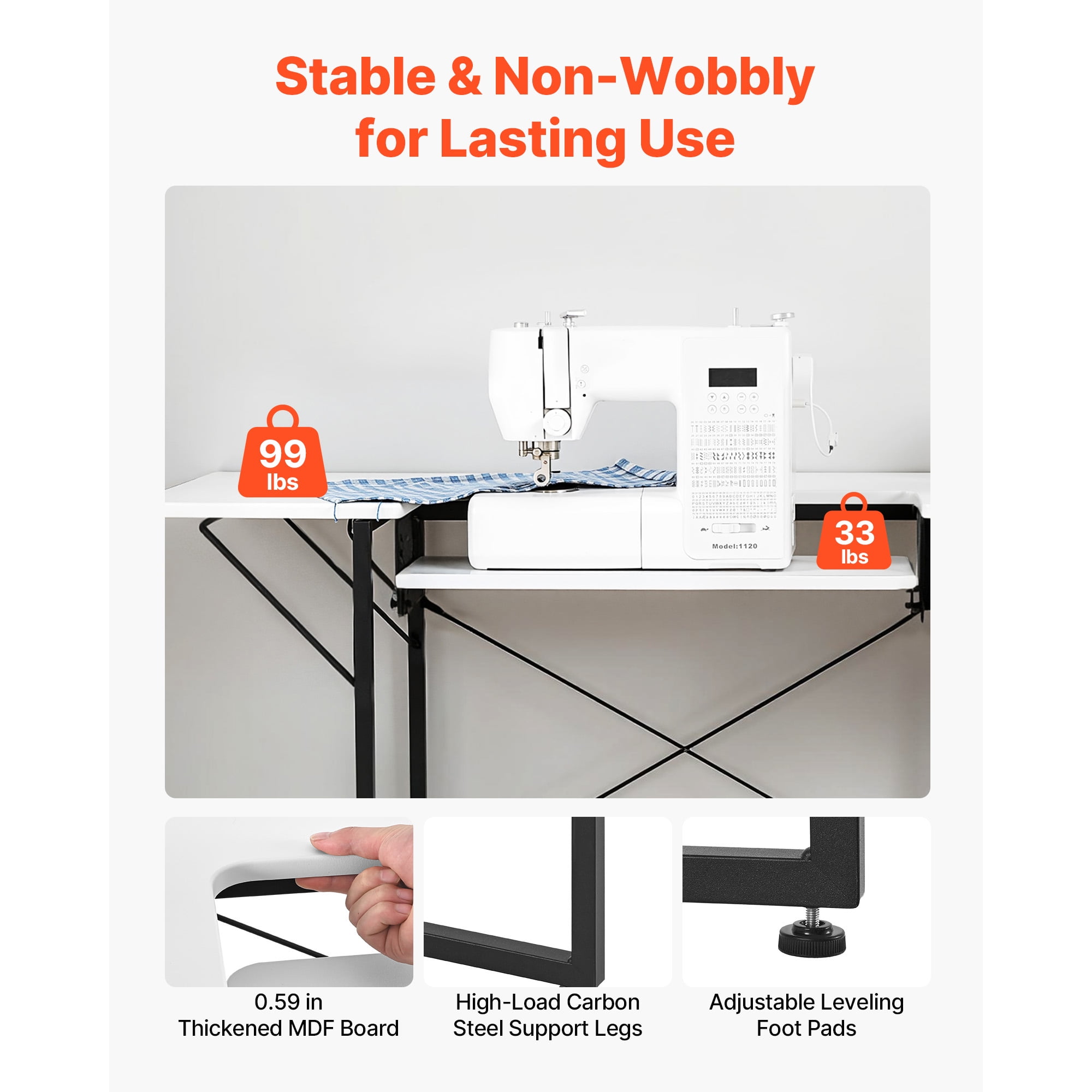 KFFKFF Multipurpose Sewing Table with Foldable Side Shelf, Adjustable Shelf, Sturdy Steel Legs, Ideal for Sewing, Crafting, Studying, and More, White