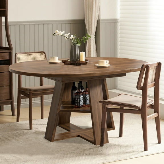 43.3''-59'' Extendable Round Dining Table for 4-8, Mid Century Modern Wooden Round Table with Removable Leaves Space Saving, for Kitchen Living Room