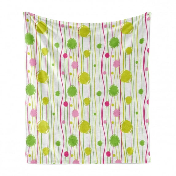 Green and Pink Soft Flannel Fleece Blanket, Doodle Style Random Wavy Stripes with Big Small Spots Kids Art Theme, Cozy Plush for Indoor and Outdoor Use, 50" x 70", Green Pink White, by Ambesonne