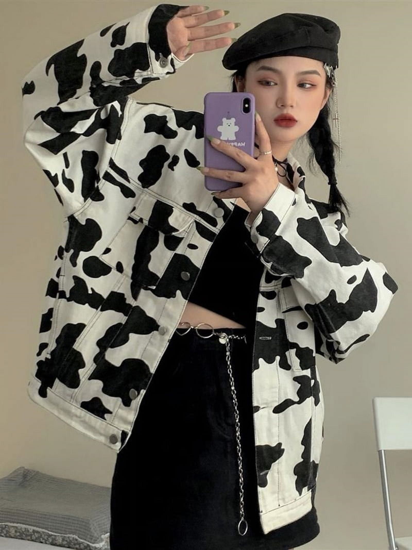 Cow print denim jacket and skirt hotsell