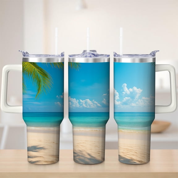 Beach Scene Stainless Steel Insulated Mug with Lid and Handle, 30oz