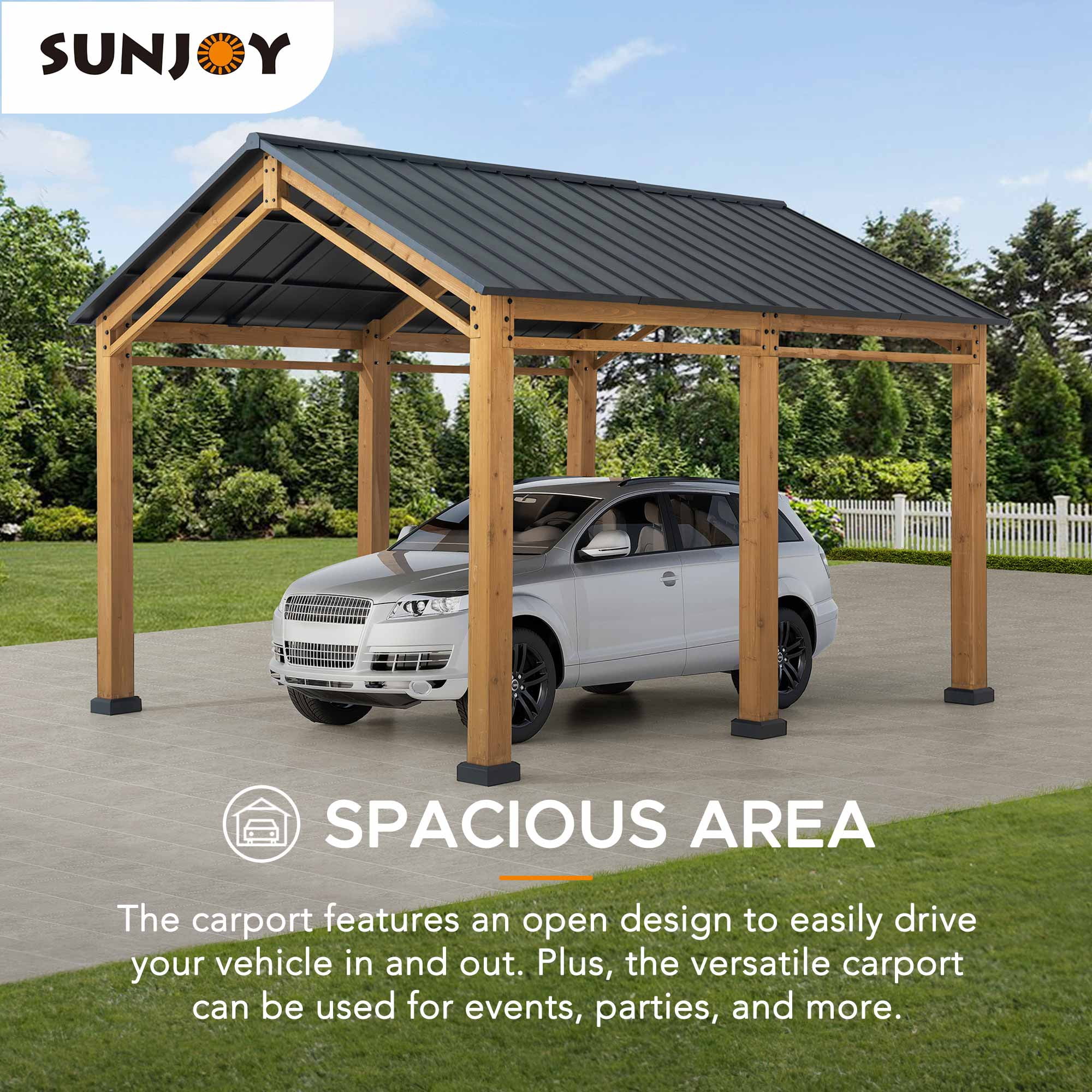 AutoCove 11x13 Wood Carport, Black Gable Roof Wood Gazebo, Outdoor Living Pavilion with Ceiling Hook