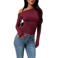 thumbnail image 3 of Women'S Off Shoulder Tops Dressy Long Sleeve Asymmetrical Slim Fit Going Out Fall Blouse Ruched Shirts Wine Red M, 3 of 8