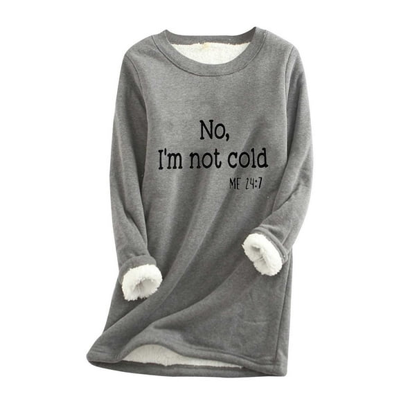 Riecok Fleece Womens Long Sleeve Shirt Round Neck Tunic Tops Letter Print Pullover Blouses Baggy Casual Clothes