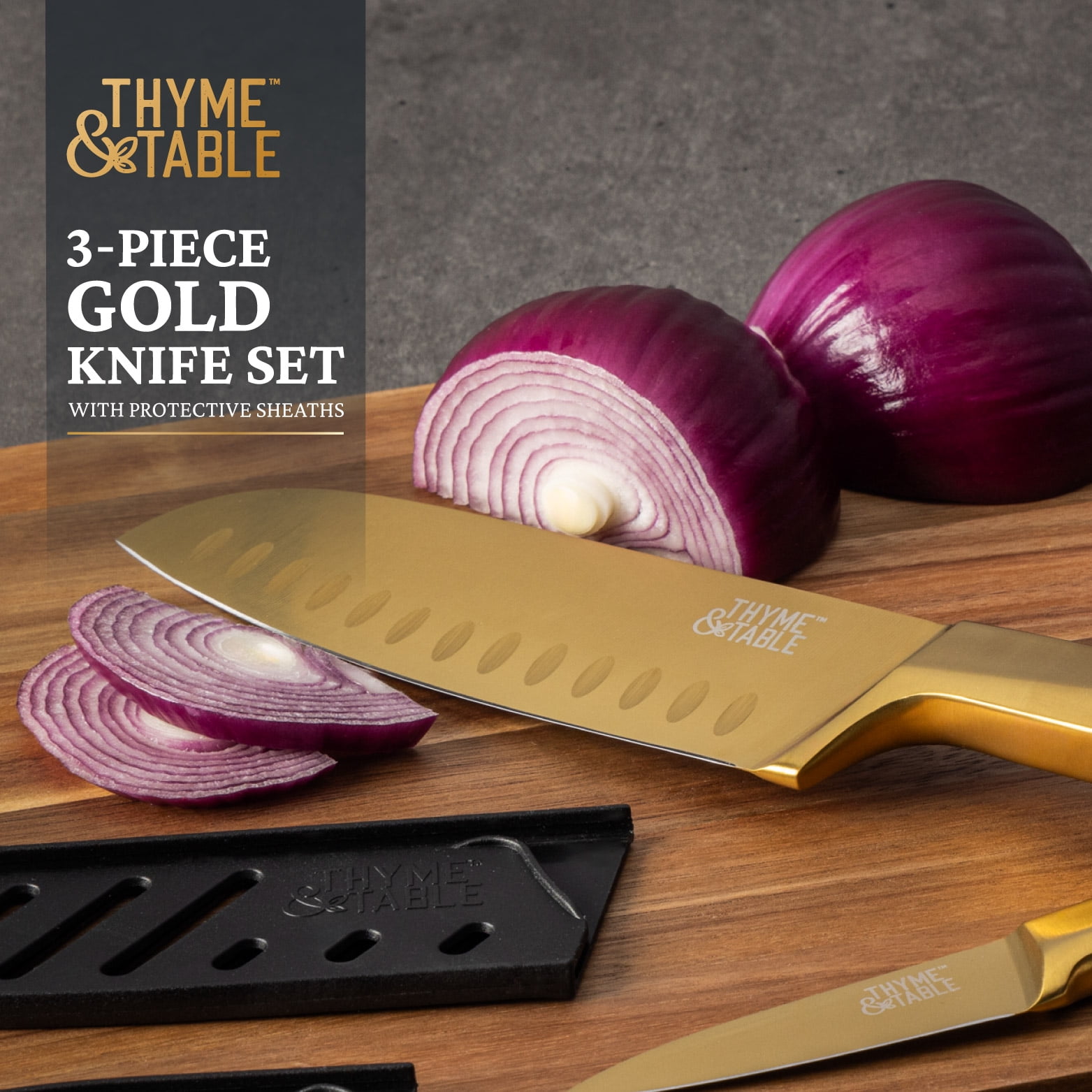 Thyme & Table 3-Piece Gold Knife Set with Protective Sheaths