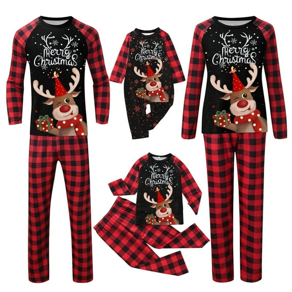 2026 Matching Family Christmas Pajamas Set Elk Letter Plaid Print Long Sleeve Holiday Sleepwear Xmas Jammies