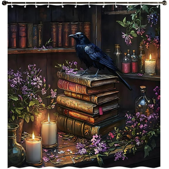 Raven Shower Curtain Goth Crow on Bookshelf Halloween Horror Black Cool Wild Animal Vintage Purple Floral Mysterious Bookcase Books Decorative Curtain Polyester Fabric-36"W x 72"L (Pack of 1)