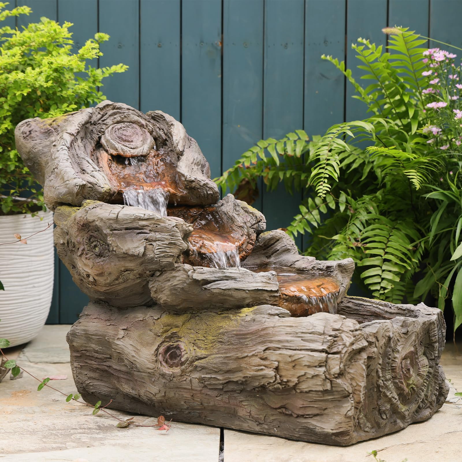 32.5" L Garden Outdoor Water Fountain, Floor Standing Cascading Realistic Tree Trunk Natural Waterfall Outdoor Fountains with LED Lights for Patio, Porch, Home Art Decor