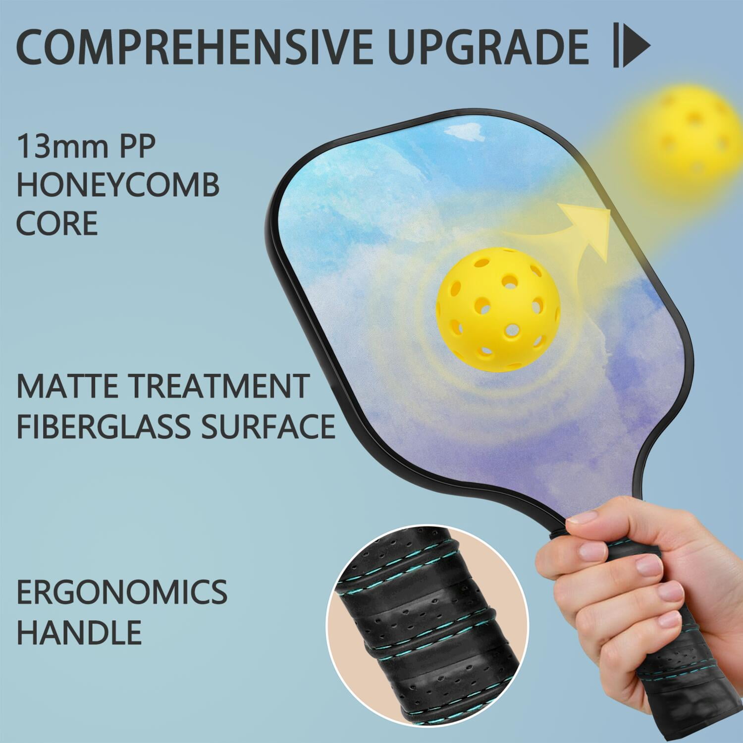 Pickleball Paddles Set Of 1, Fiberglass Surface, Fluid Smoke Aurora Art Style, 1 Paddle, 2 Balls & Bag