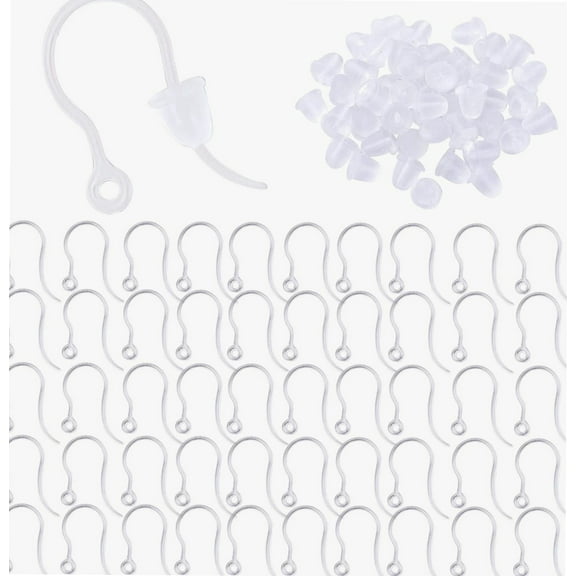 50pcs Plastic Earring Hooks Safety Non-Allergenic Earring Hooks Ear Wire Hooks with 100pcs Clear Bullet Earrings Backs for DIY Jewelry Earrings Making