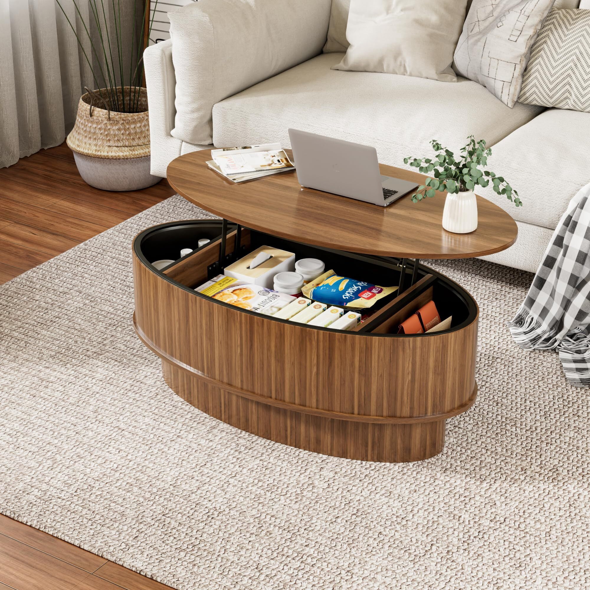 JEJEGORICH Oval Lift Top Coffee Table with Hidden Storage, 41 in Wooden Mid Century Modern Living Room Center Table, Walnut