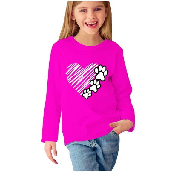 Mikilon Girls Long Sleeve Printed Shirts Size 4-14 Cute Round Neck Tops Casual Comfortable Blouses Soft Pullover Fall Versatile Kids Clothes