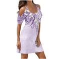 thumbnail image 2 of Wycnly Formal Dresses for Women Fashion Plus Size Beach Cold Shoulder Tunic Tshirt Strap Dresses Short Sleeve Round Neck Floral 2024 Summer Mini Dress Purple l, 2 of 5