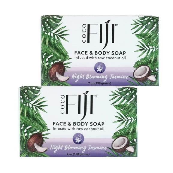 Coco Fiji Soap Bar for Face and Body Infused With Organic Coconut Oil, Night Blooming Jasmine, Essential Oil, Natural Soap for Moisturizing & Pore Purifying Skin, 7 oz Pack of 2
